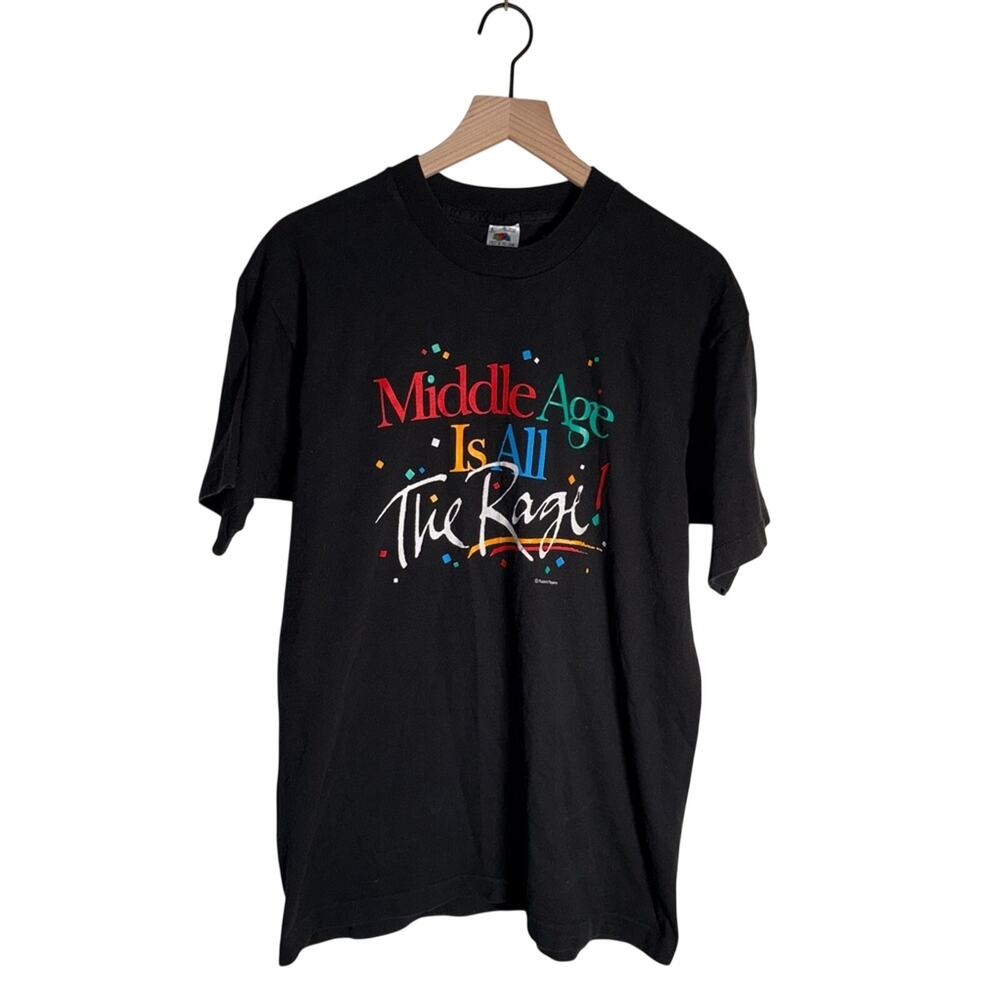 VINTAGE 90s ‘Middle Age is All the Rage’ Fruit of the Loom Black Graphic Tee L